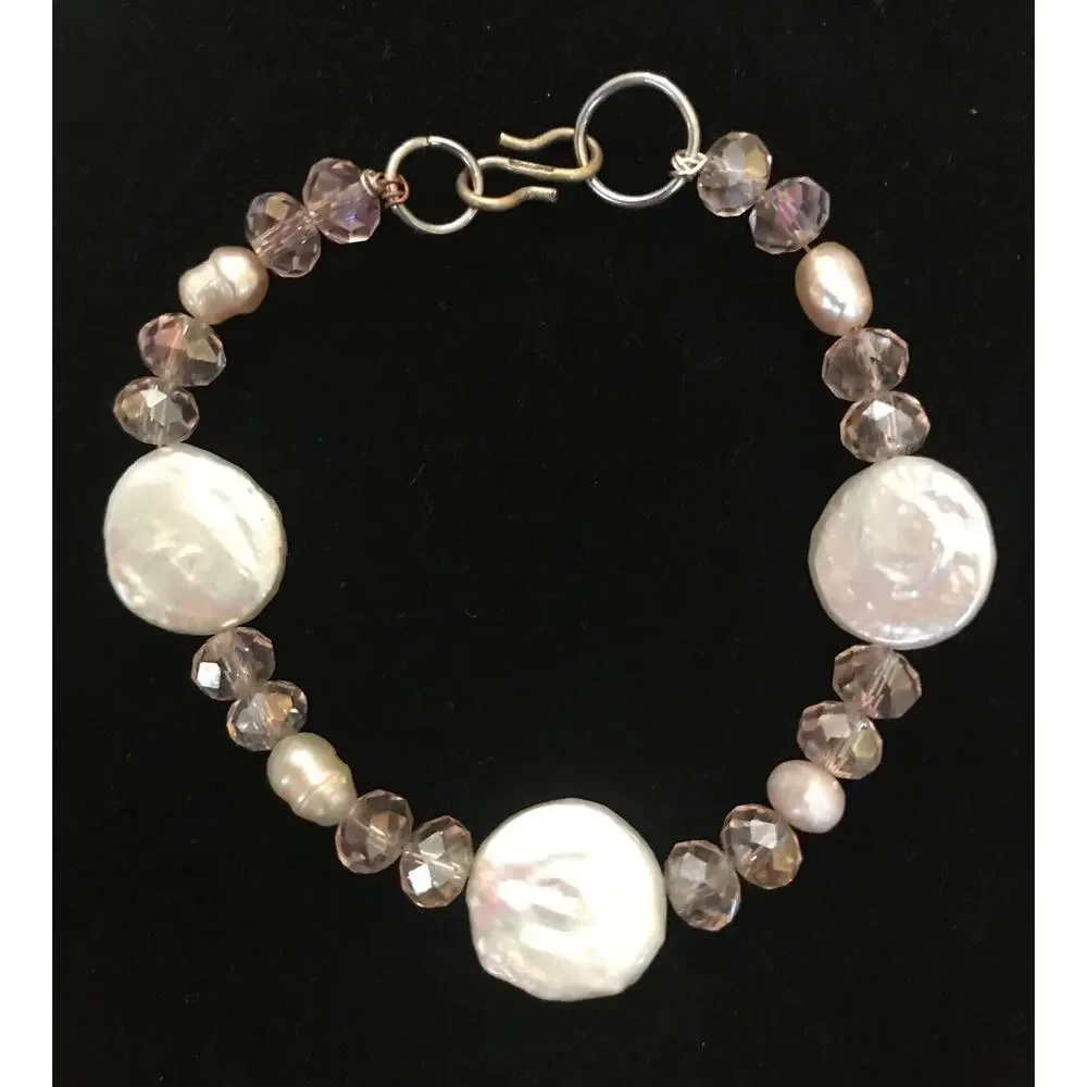 Pink Bead White Stone Silvertone Hardware 8